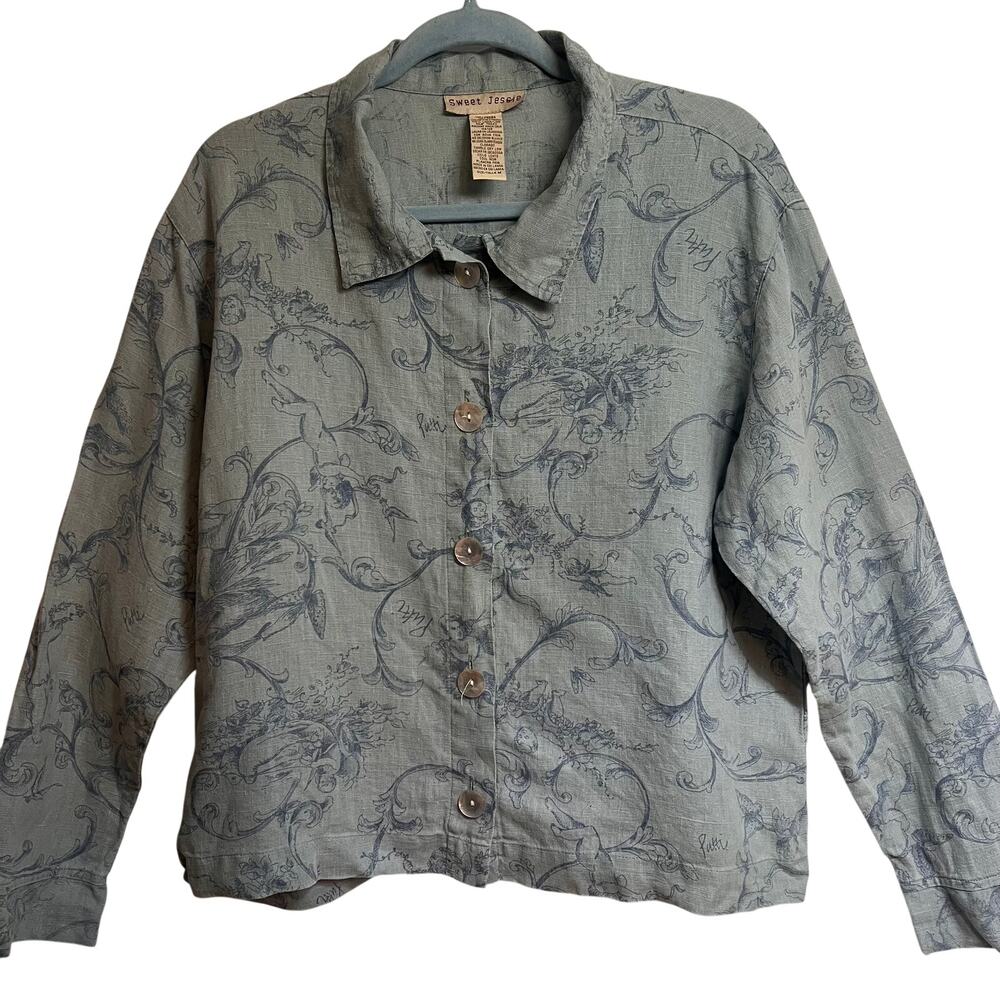 Sweet Jessie 100% Linen Blue Toile Cherub Button Front Jacket Shirt Medium